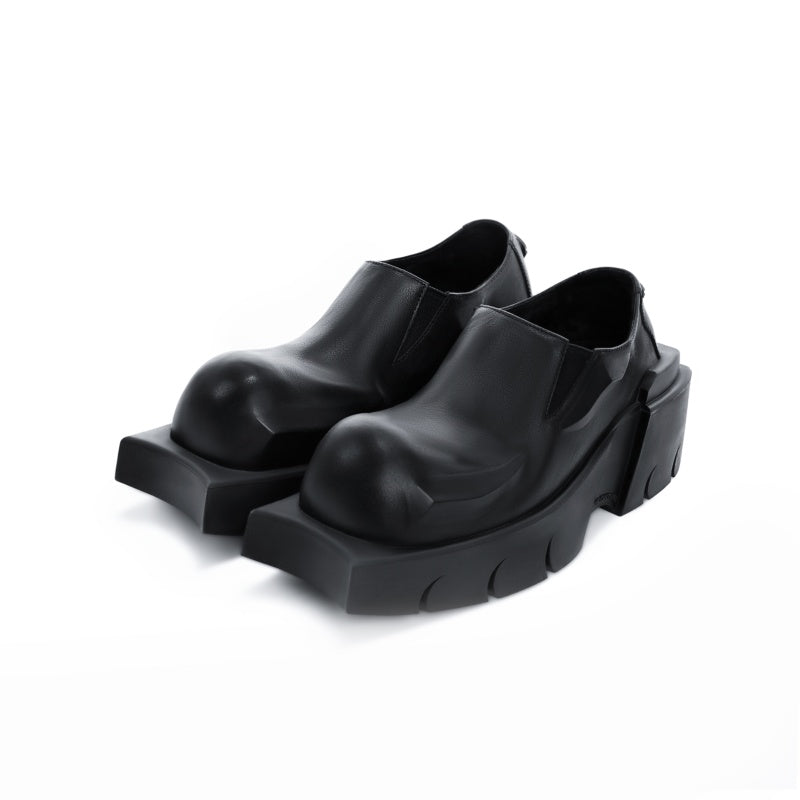 Round Head Derby Platform Shoes Devil Horn Cowhide Leather Low Top